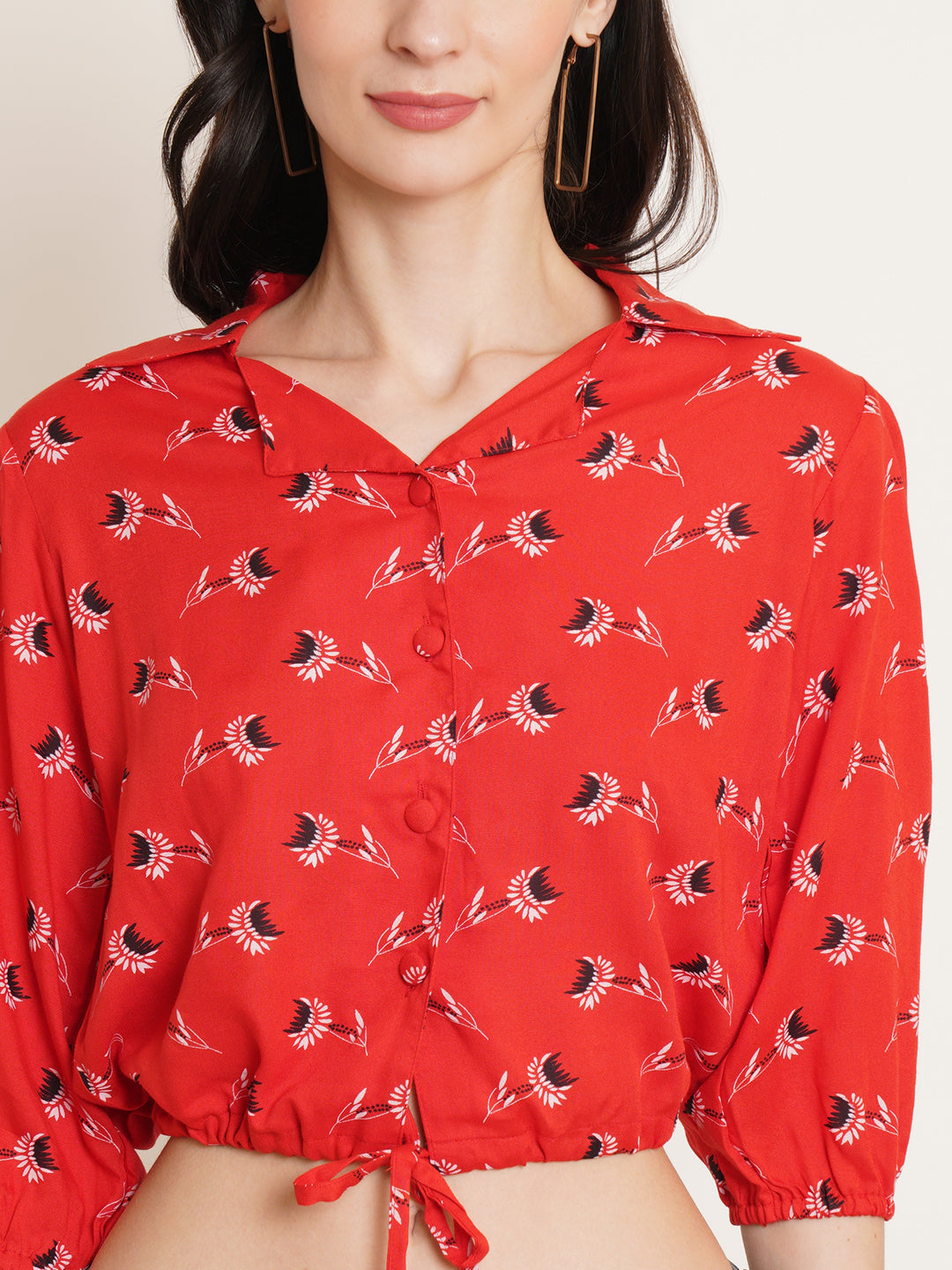 Women Red Floral Printed Puff Sleeve Shirt Style Crop Top