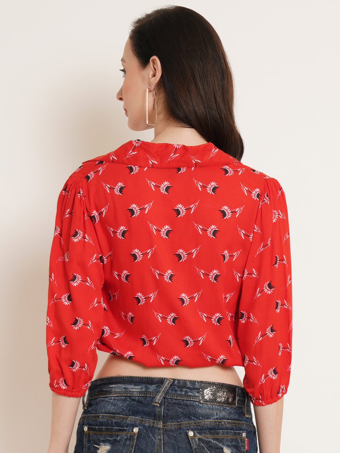 Women Red Floral Printed Puff Sleeve Shirt Style Crop Top