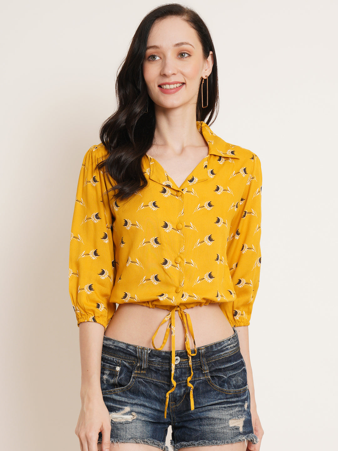 Women Mustard Yellow & Black Floral Printed Puff Sleeve Tie-Up Detail Shirt Style Crop Top