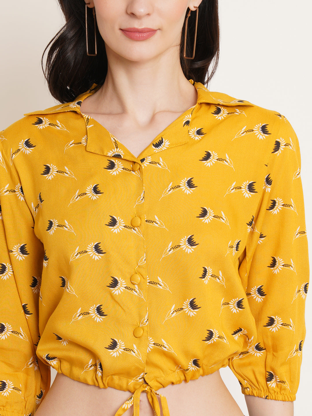 Women Mustard Yellow & Black Floral Printed Puff Sleeve Tie-Up Detail Shirt Style Crop Top