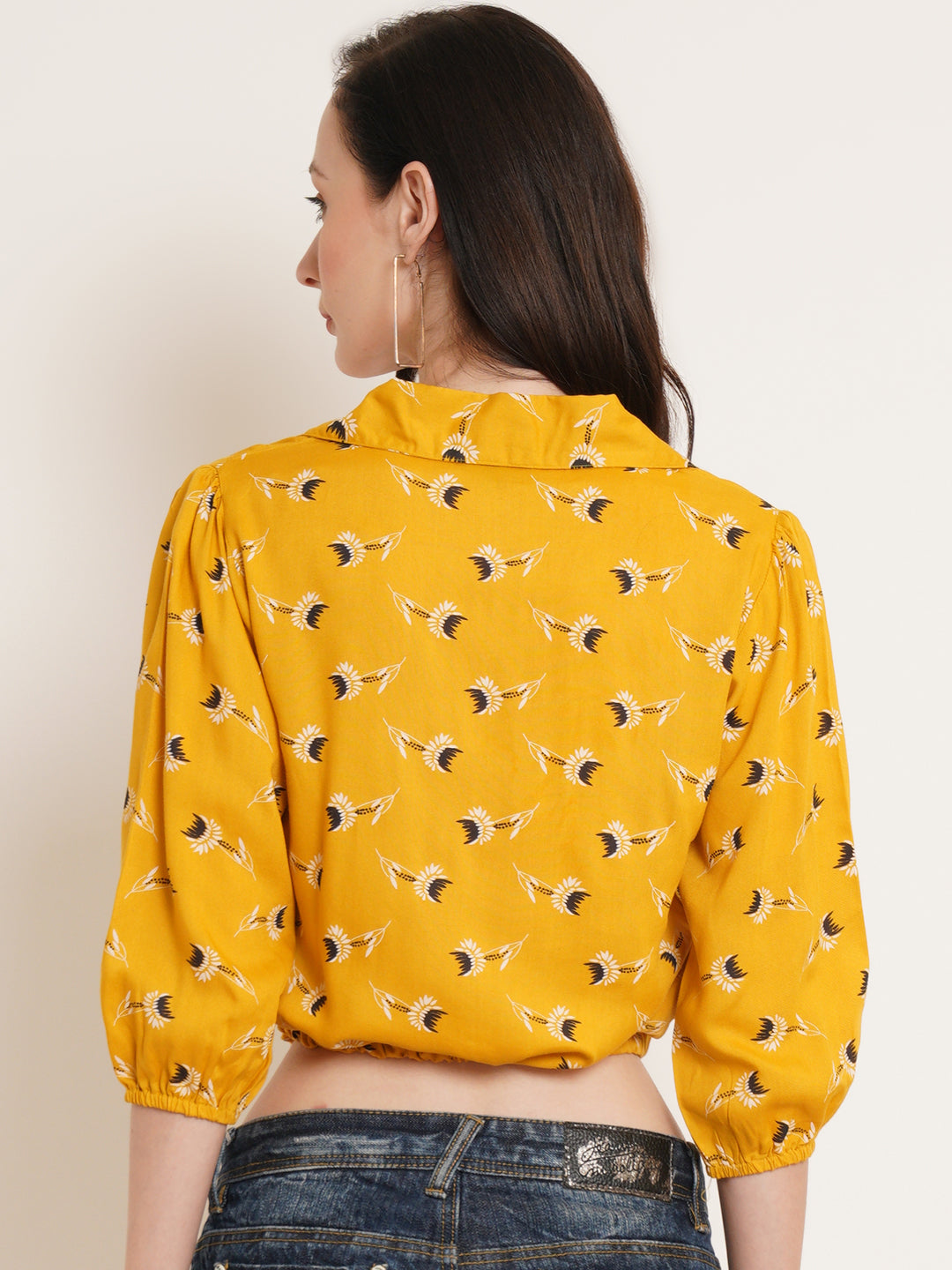 Women Mustard Yellow & Black Floral Printed Puff Sleeve Tie-Up Detail Shirt Style Crop Top
