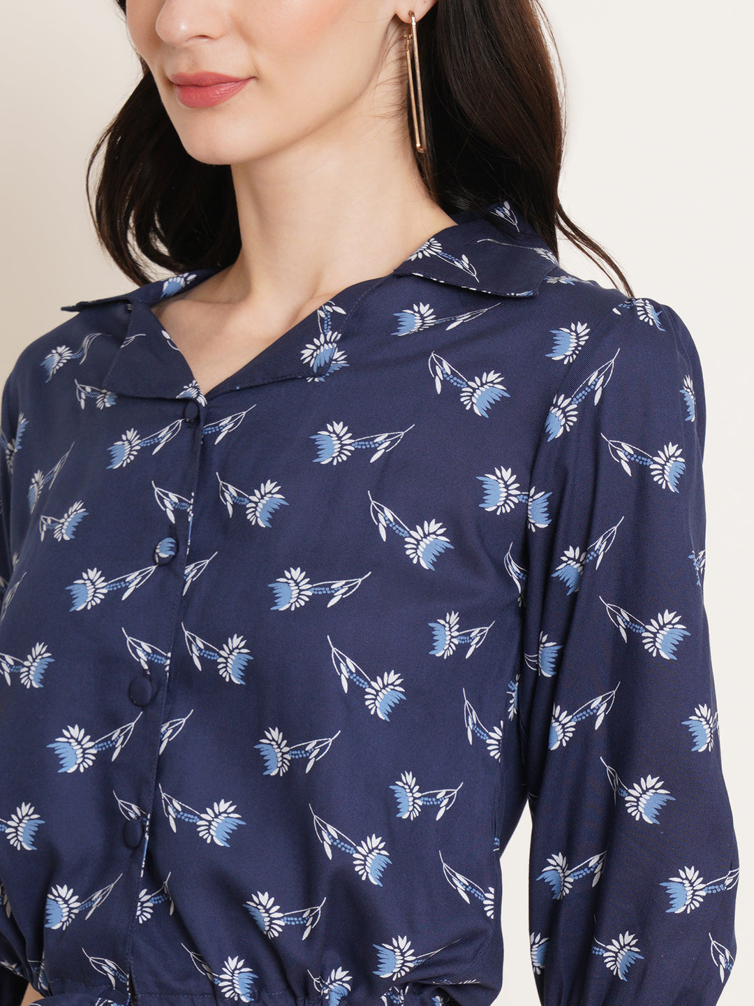 Women Navy Blue Floral Printed Puff Sleeve Tie-Up Detail Shirt Style Crop Top