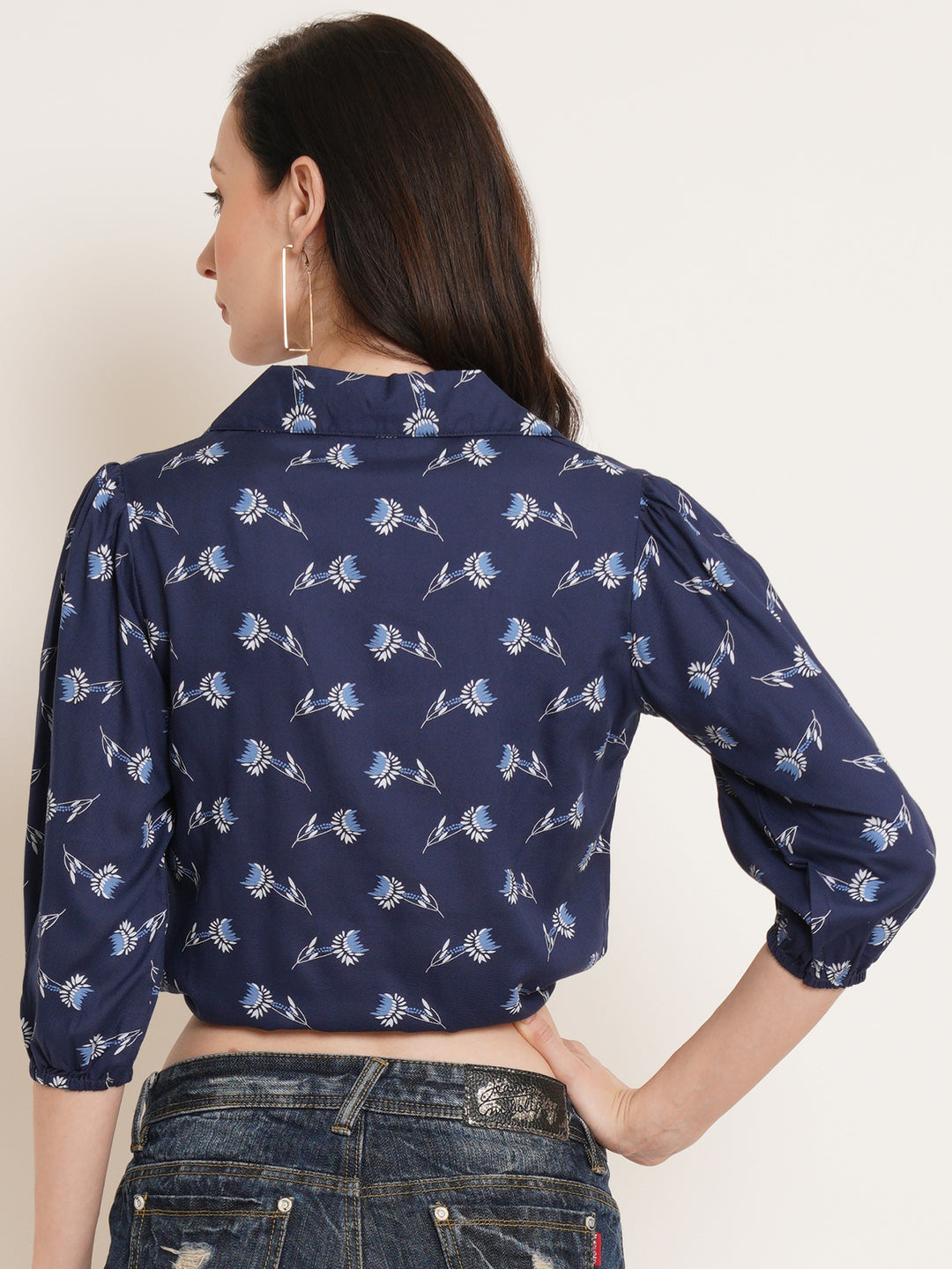 Women Navy Blue Floral Printed Puff Sleeve Tie-Up Detail Shirt Style Crop Top