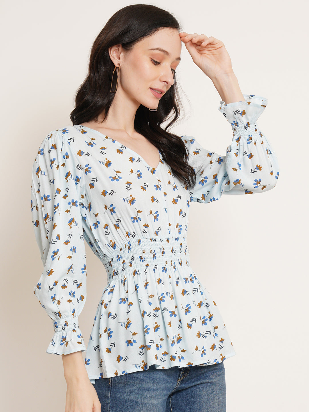 Women Blue & Mustard yellow Floral Printed Puff Sleeves Smocked Peplum Top