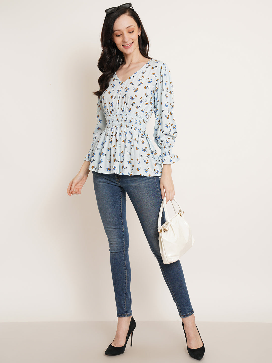 Women Blue & Mustard yellow Floral Printed Puff Sleeves Smocked Peplum Top