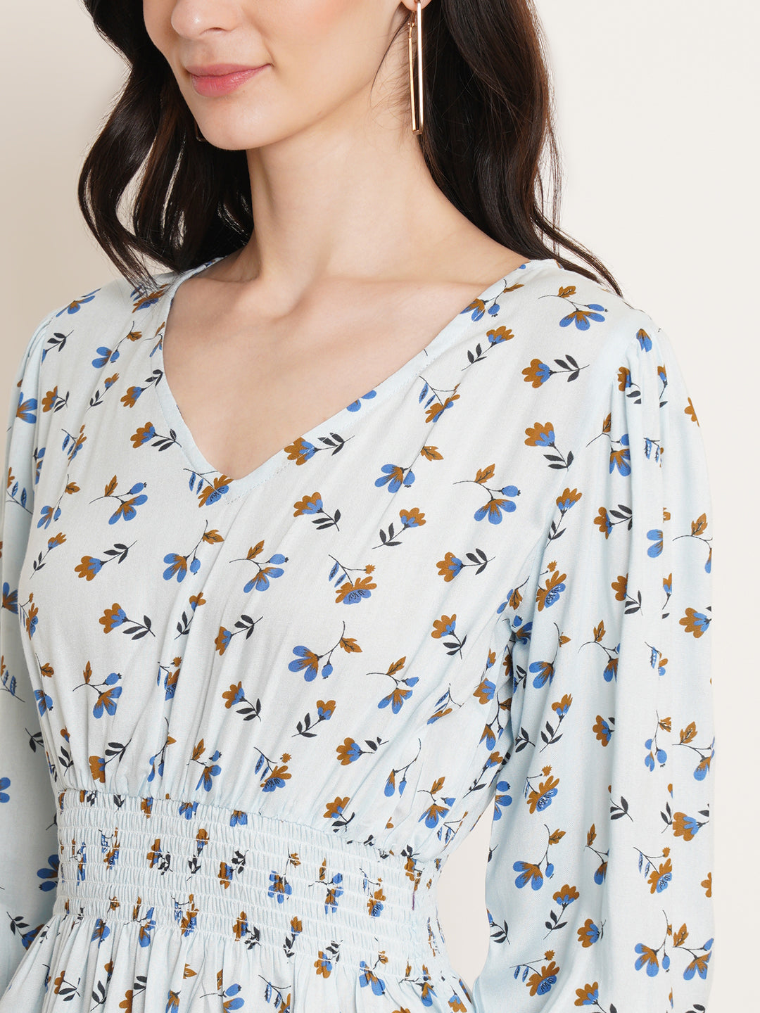 Women Blue & Mustard yellow Floral Printed Puff Sleeves Smocked Peplum Top