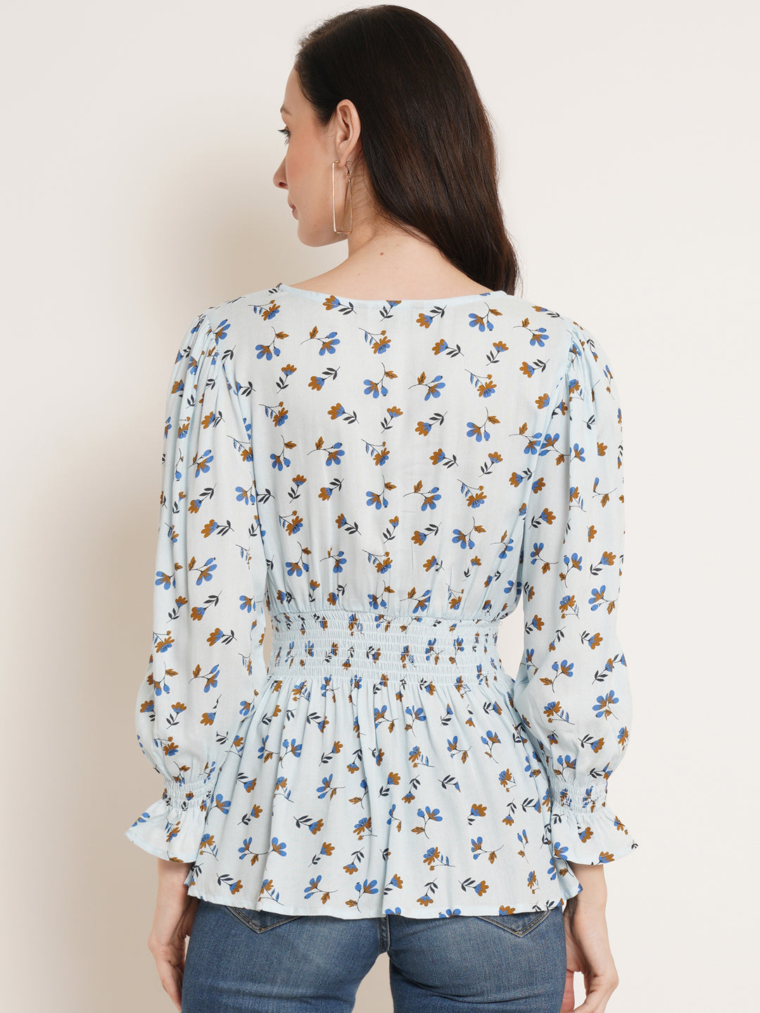 Women Blue & Mustard yellow Floral Printed Puff Sleeves Smocked Peplum Top