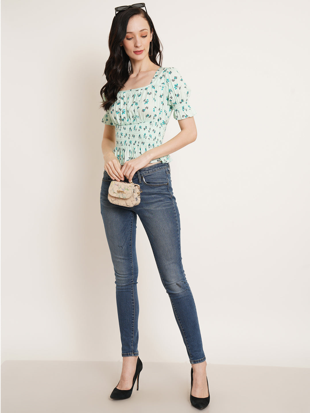 Women Sea Green & Turquoise Blue Floral Print Smocked Puff Sleeves Top
