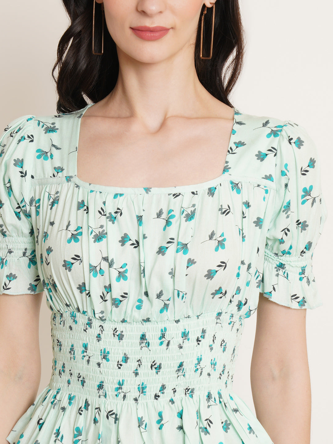 Women Sea Green & Turquoise Blue Floral Print Smocked Puff Sleeves Top