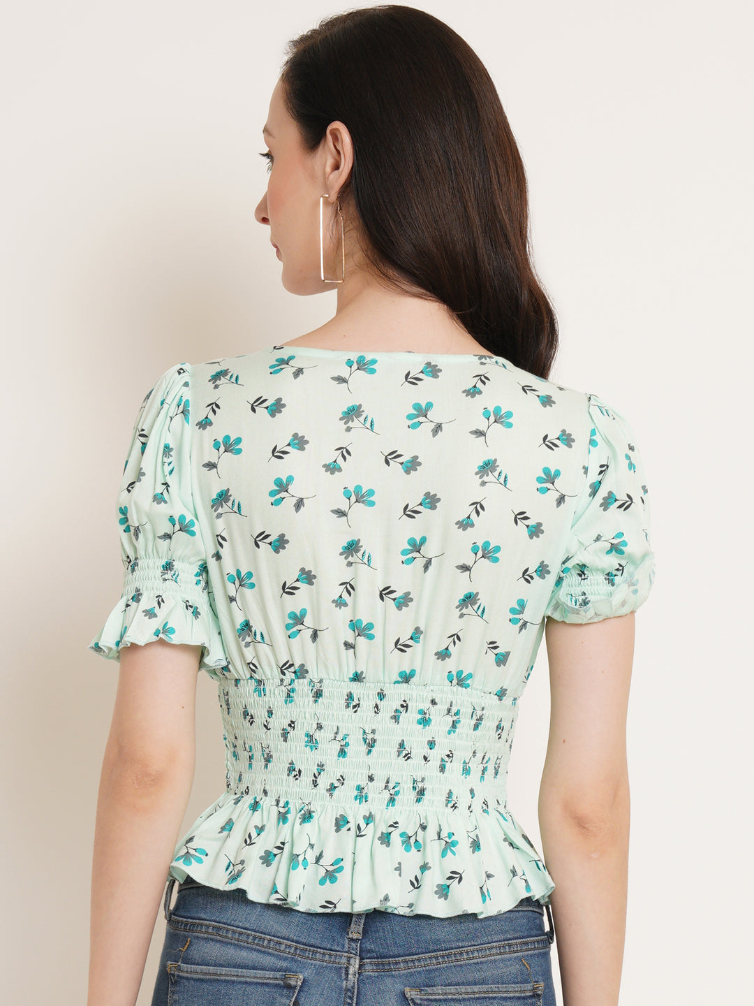 Women Sea Green & Turquoise Blue Floral Print Smocked Puff Sleeves Top