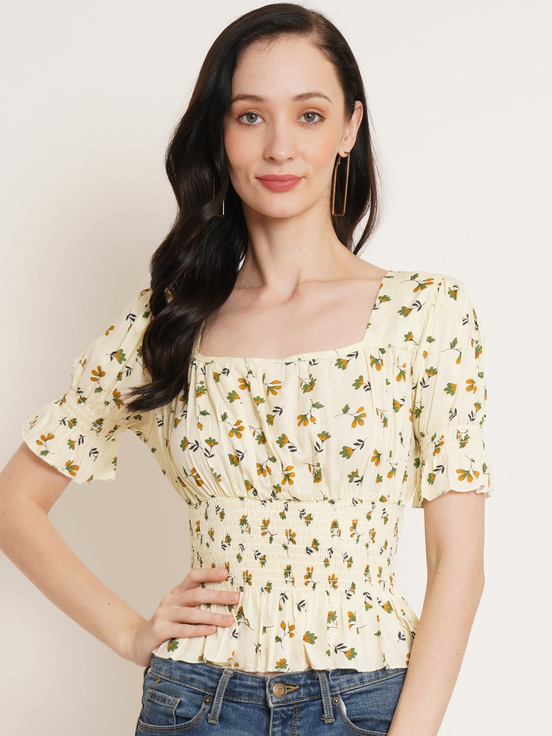 Women Yellow Floral Printed Puff Sleeve Smocked Gathered Cinched Waist Top