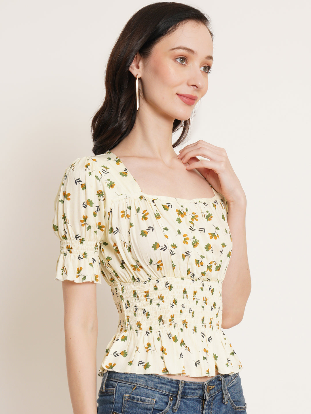 Women Yellow Floral Printed Puff Sleeve Smocked Gathered Cinched Waist Top