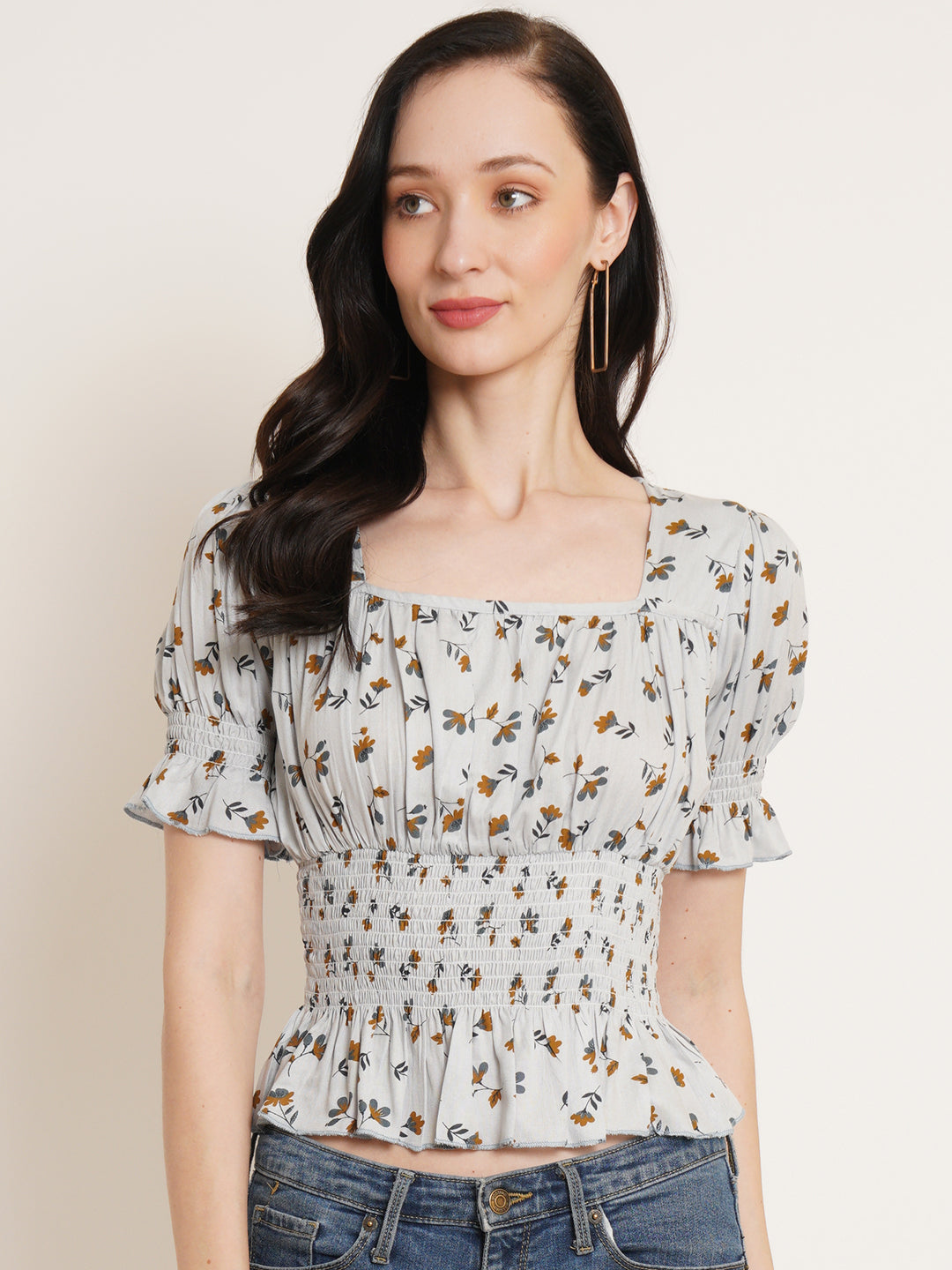 Women Grey Floral Printed Puff Sleeve Smocked Gathered Cinched Waist Top