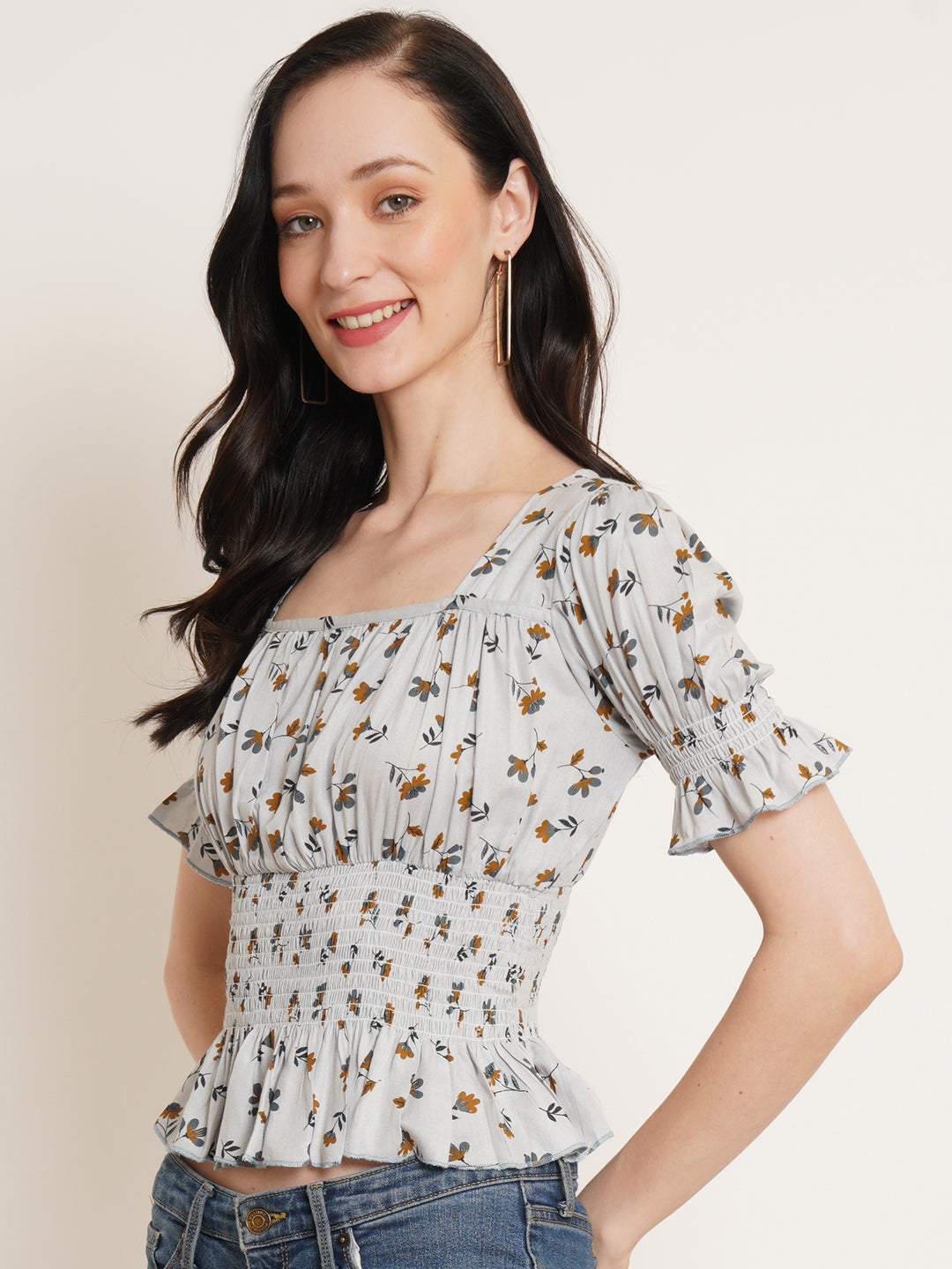 Women Grey Floral Printed Puff Sleeve Smocked Gathered Cinched Waist Top