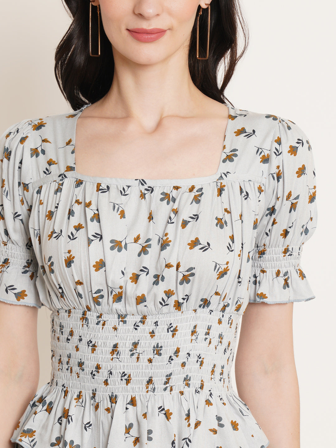 Women Grey Floral Printed Puff Sleeve Smocked Gathered Cinched Waist Top