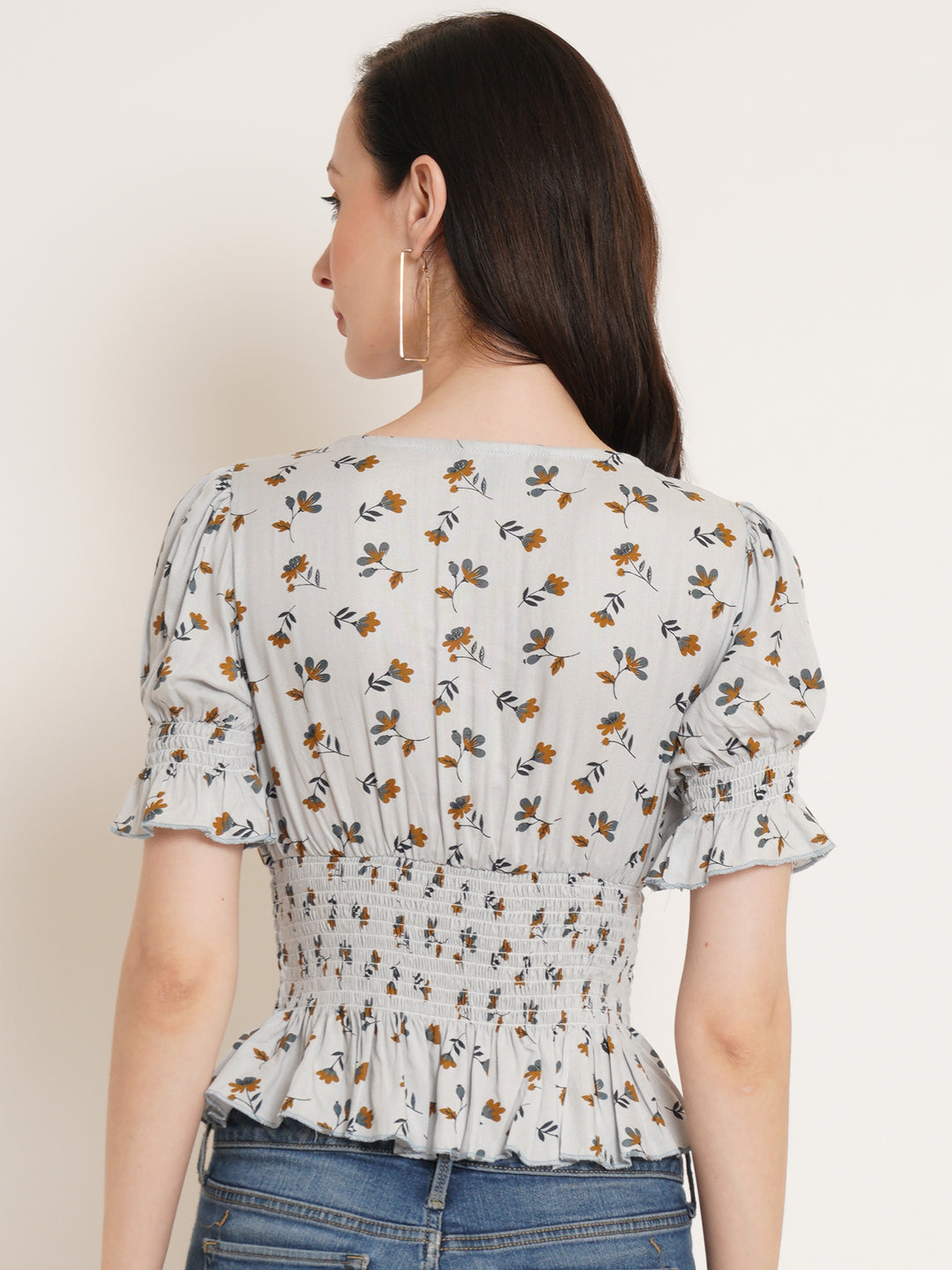Women Grey Floral Printed Puff Sleeve Smocked Gathered Cinched Waist Top