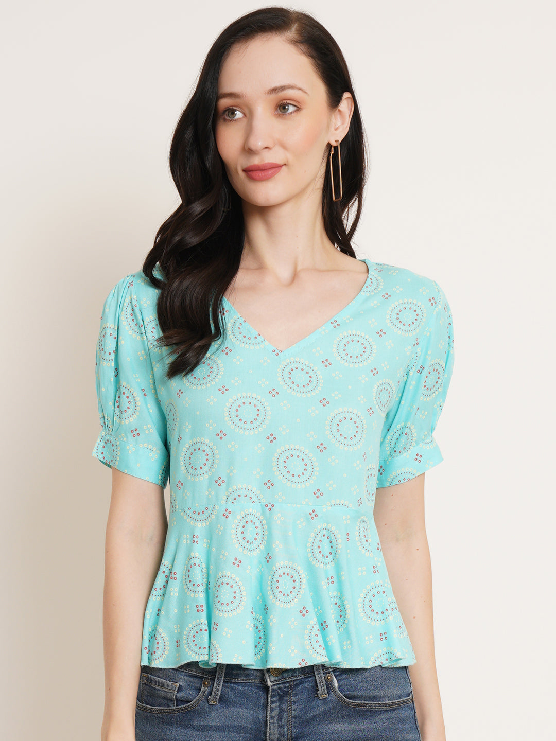 Women Turquoise Blue Floral Print Puff Sleeve Top