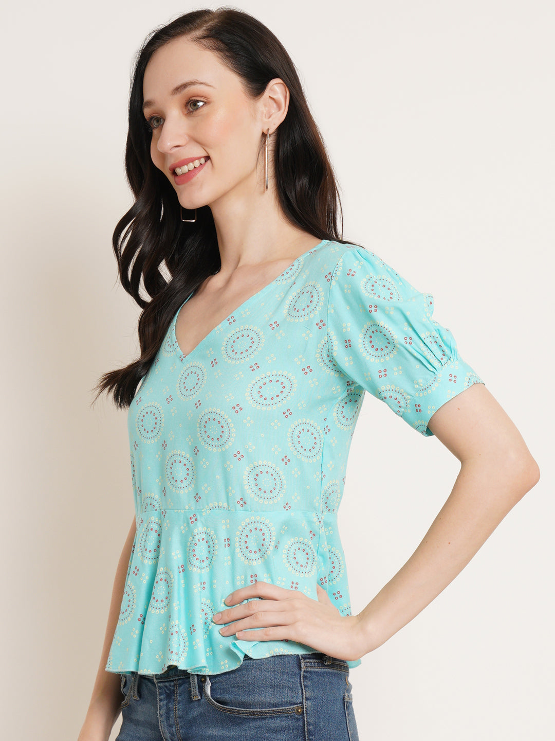 Women Turquoise Blue Floral Print Puff Sleeve Top