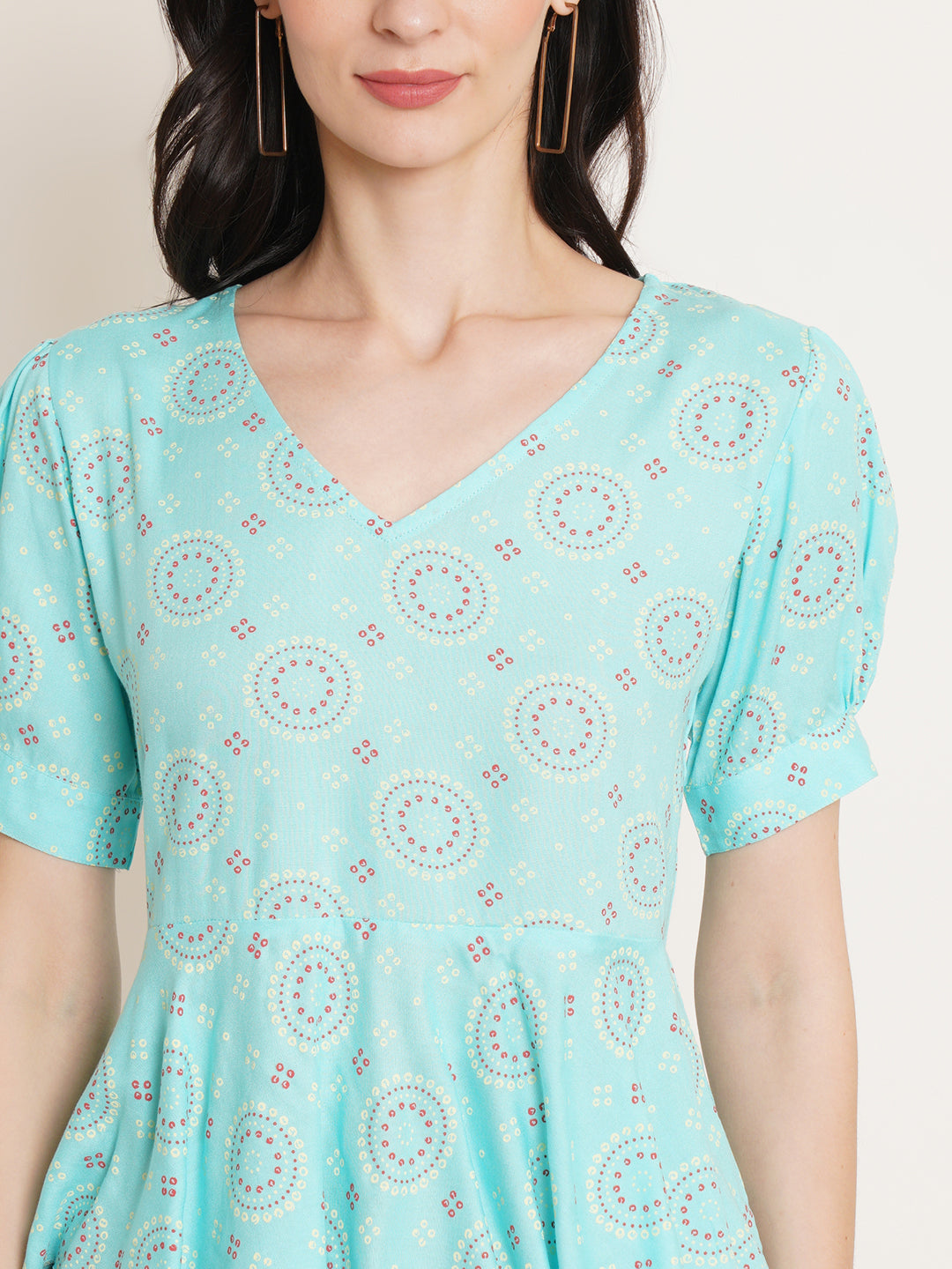 Women Turquoise Blue Floral Print Puff Sleeve Top