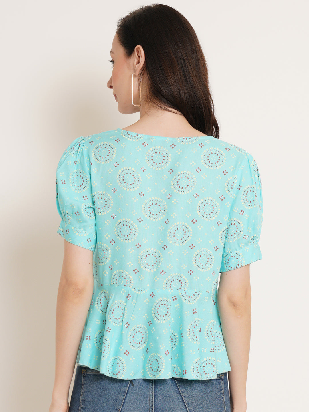 Women Turquoise Blue Floral Print Puff Sleeve Top