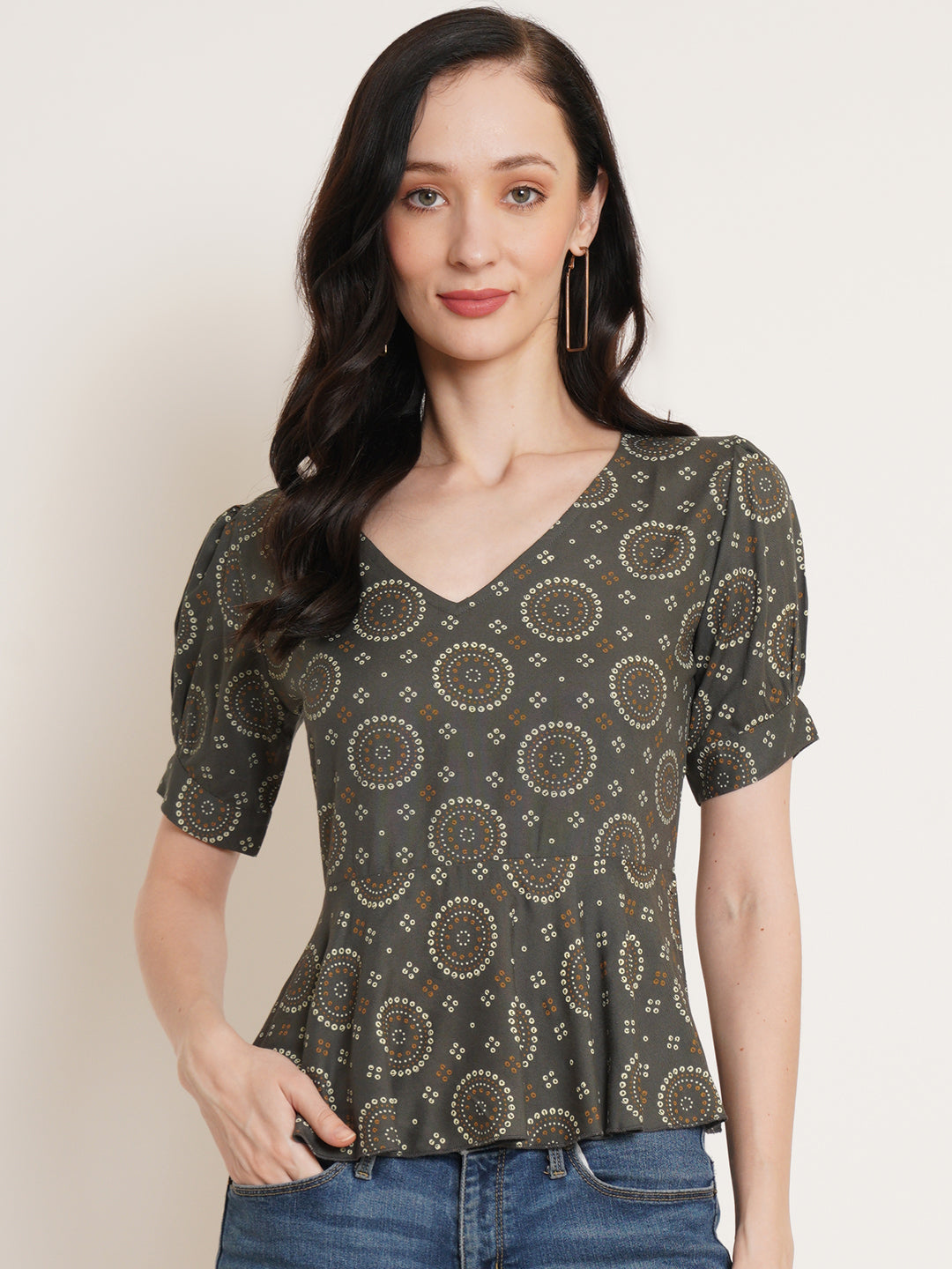 Women Grey & wenge Print Puff Sleeve Top