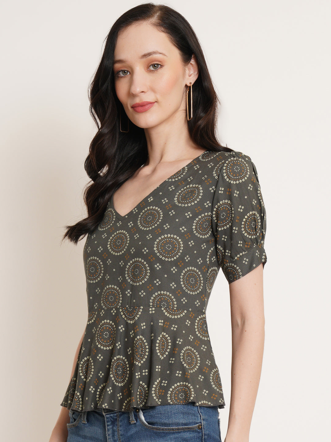 Women Grey & wenge Print Puff Sleeve Top