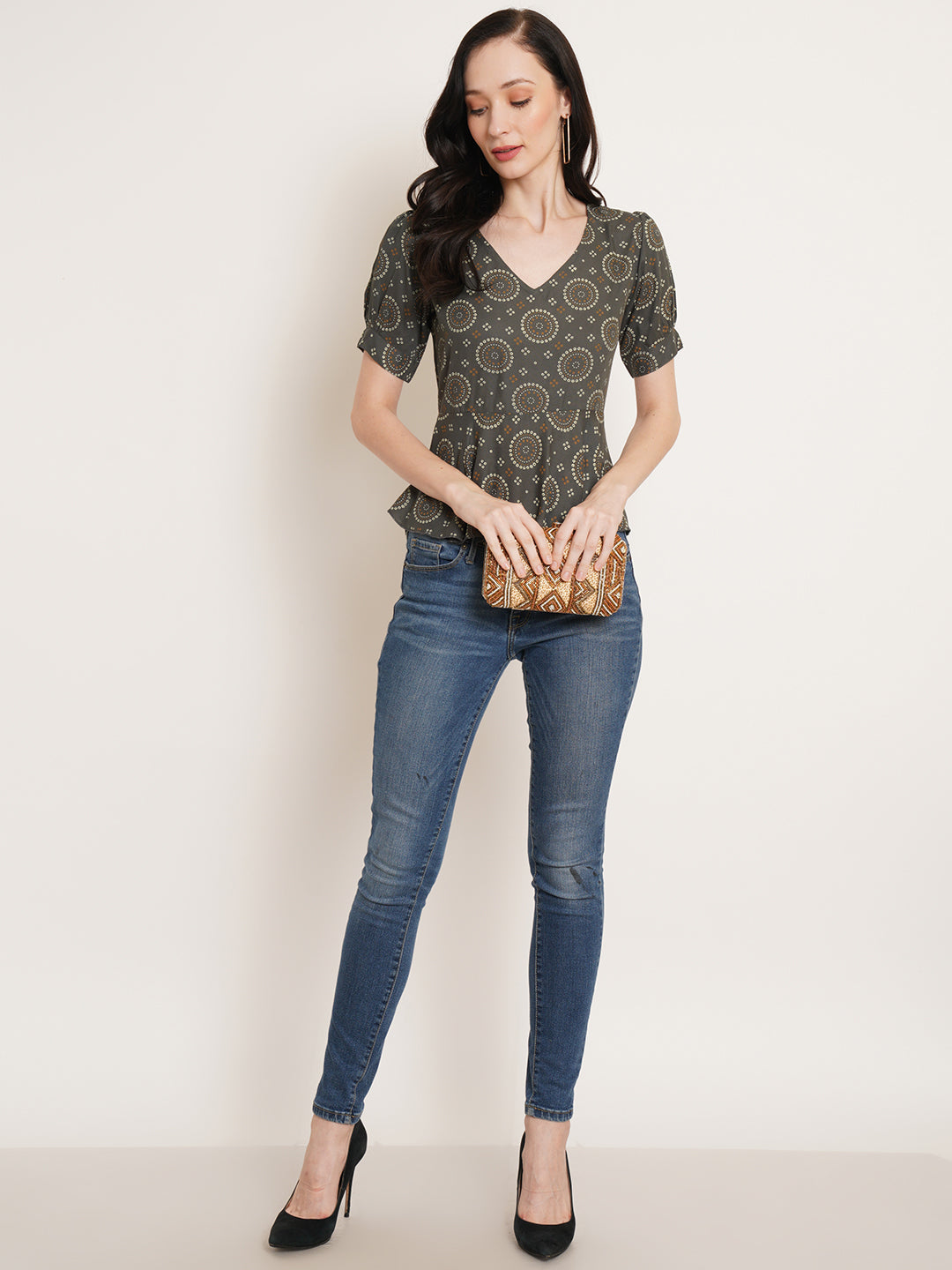 Women Grey & wenge Print Puff Sleeve Top