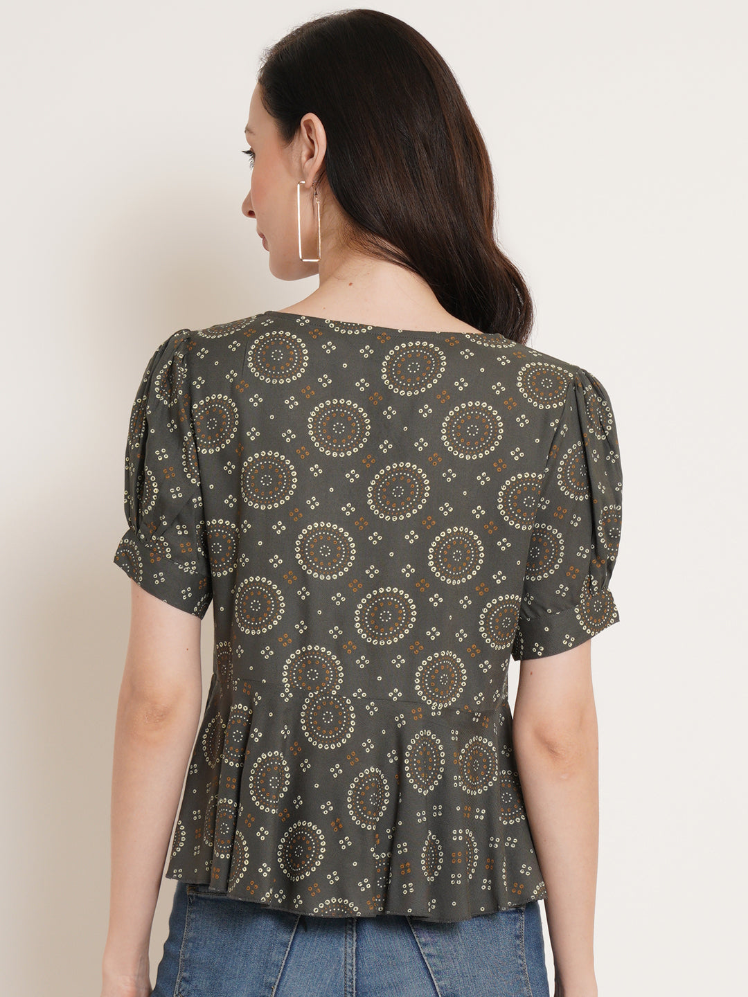 Women Grey & wenge Print Puff Sleeve Top