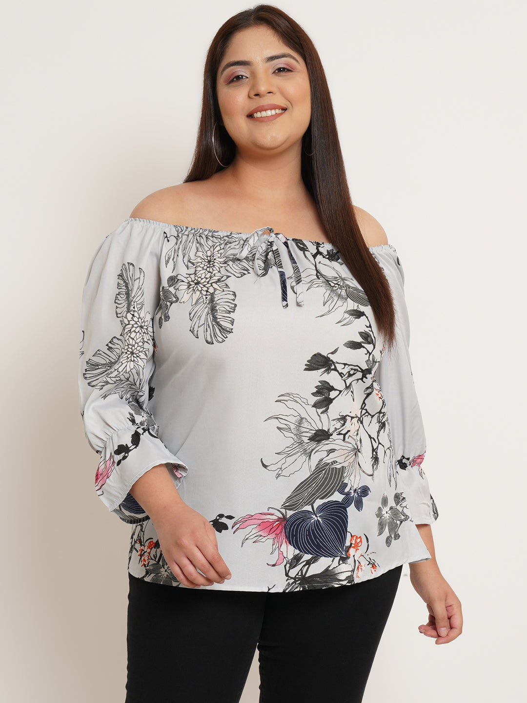 Women Plus Size Floral Printed Tie-Up Neck Crepe Top