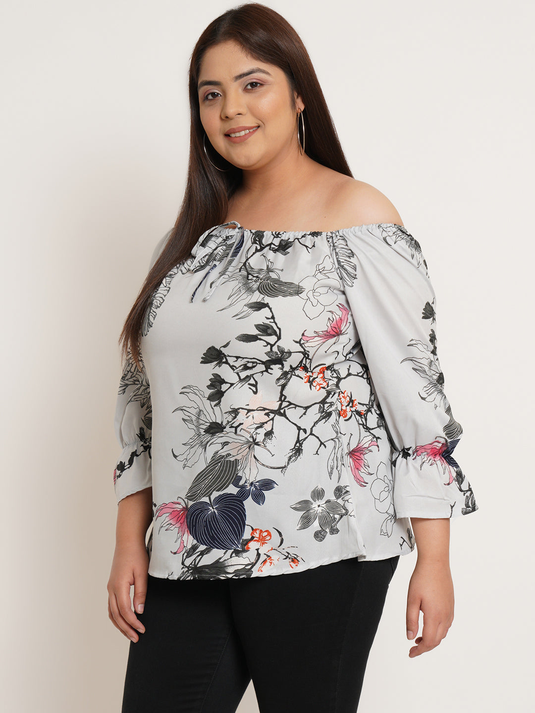 Women Plus Size Floral Printed Tie-Up Neck Crepe Top