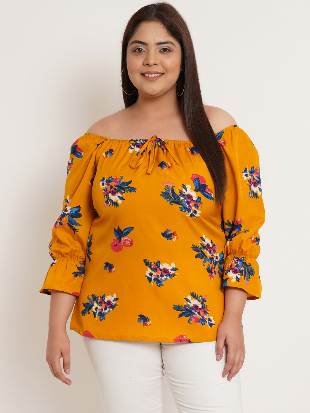Women Plus Size Floral Printed Tie-Up Neck Crepe Top