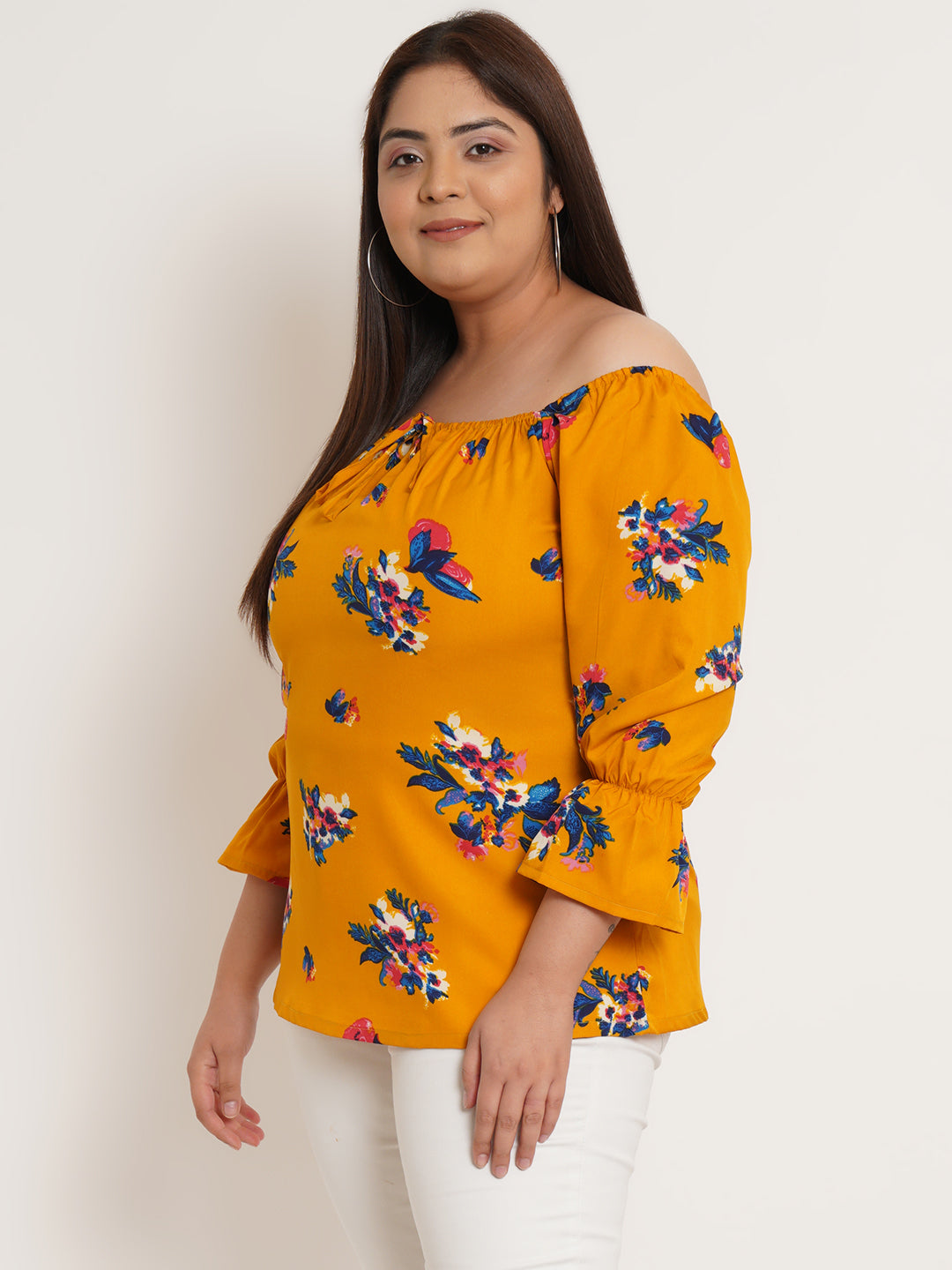 Women Plus Size Floral Printed Tie-Up Neck Crepe Top