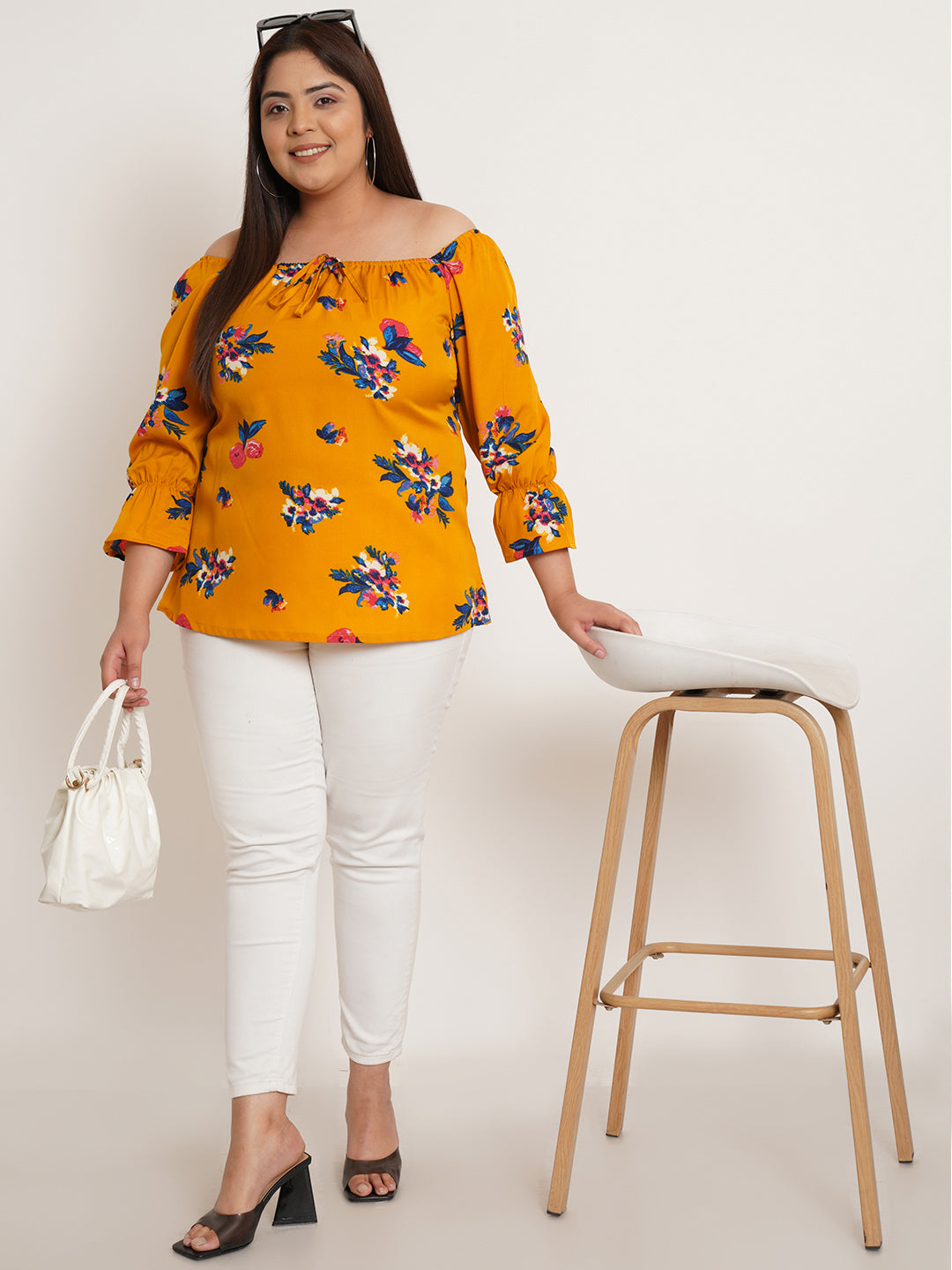 Women Plus Size Floral Printed Tie-Up Neck Crepe Top