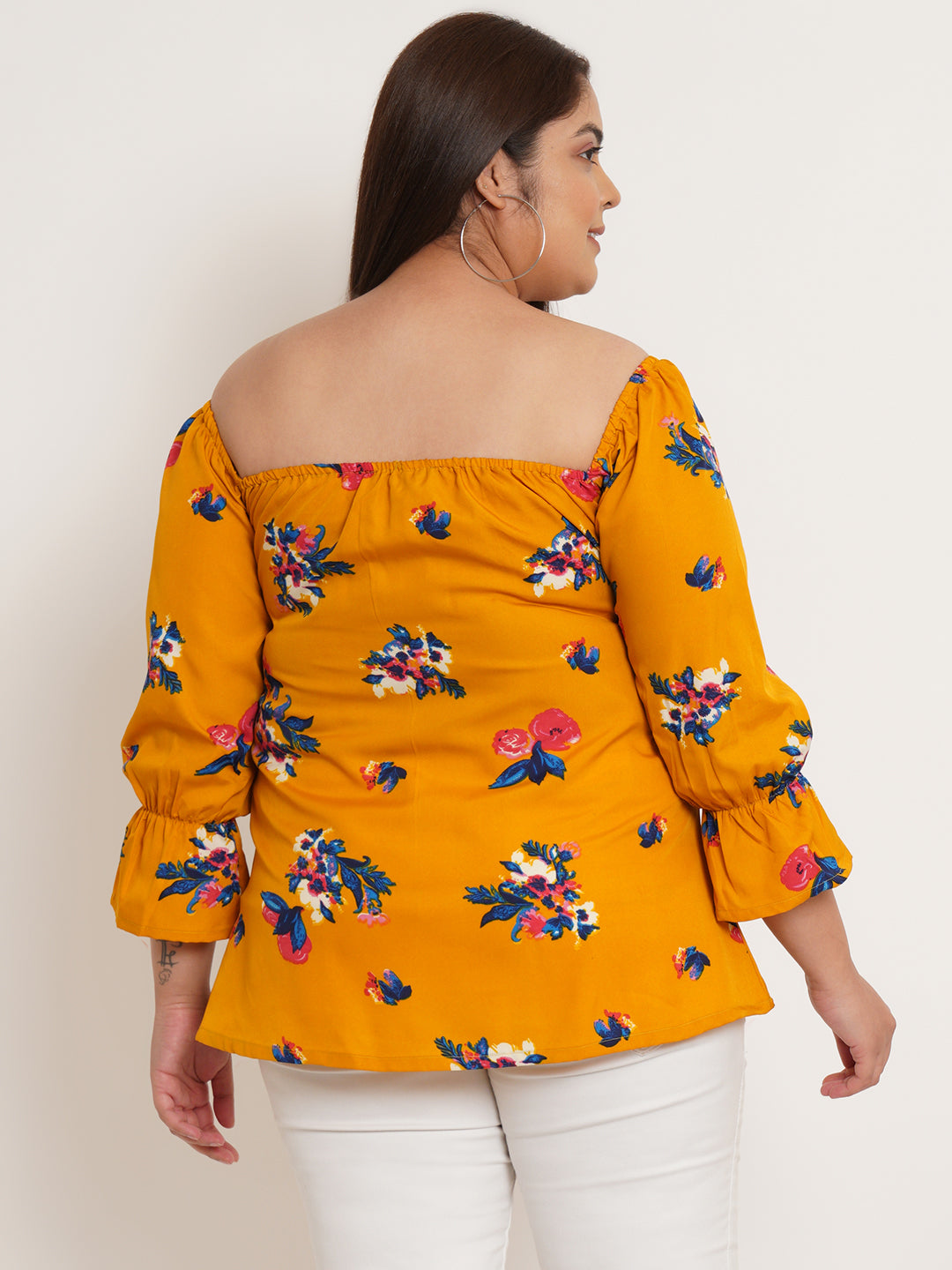 Women Plus Size Floral Printed Tie-Up Neck Crepe Top
