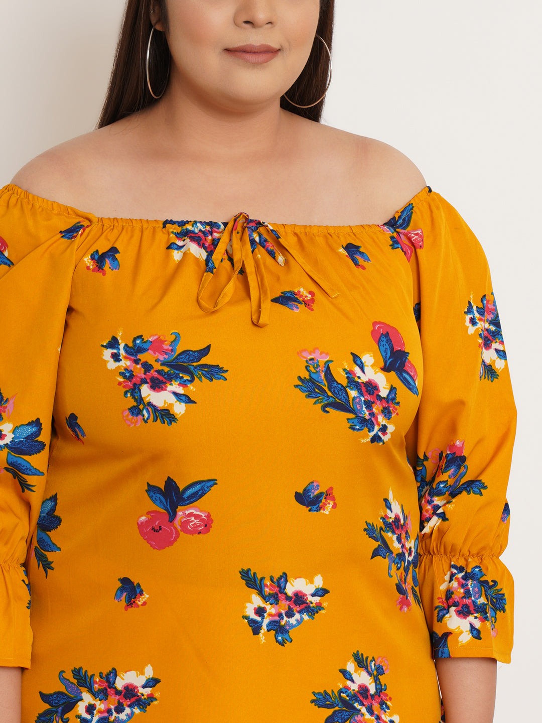 Women Plus Size Floral Printed Tie-Up Neck Crepe Top