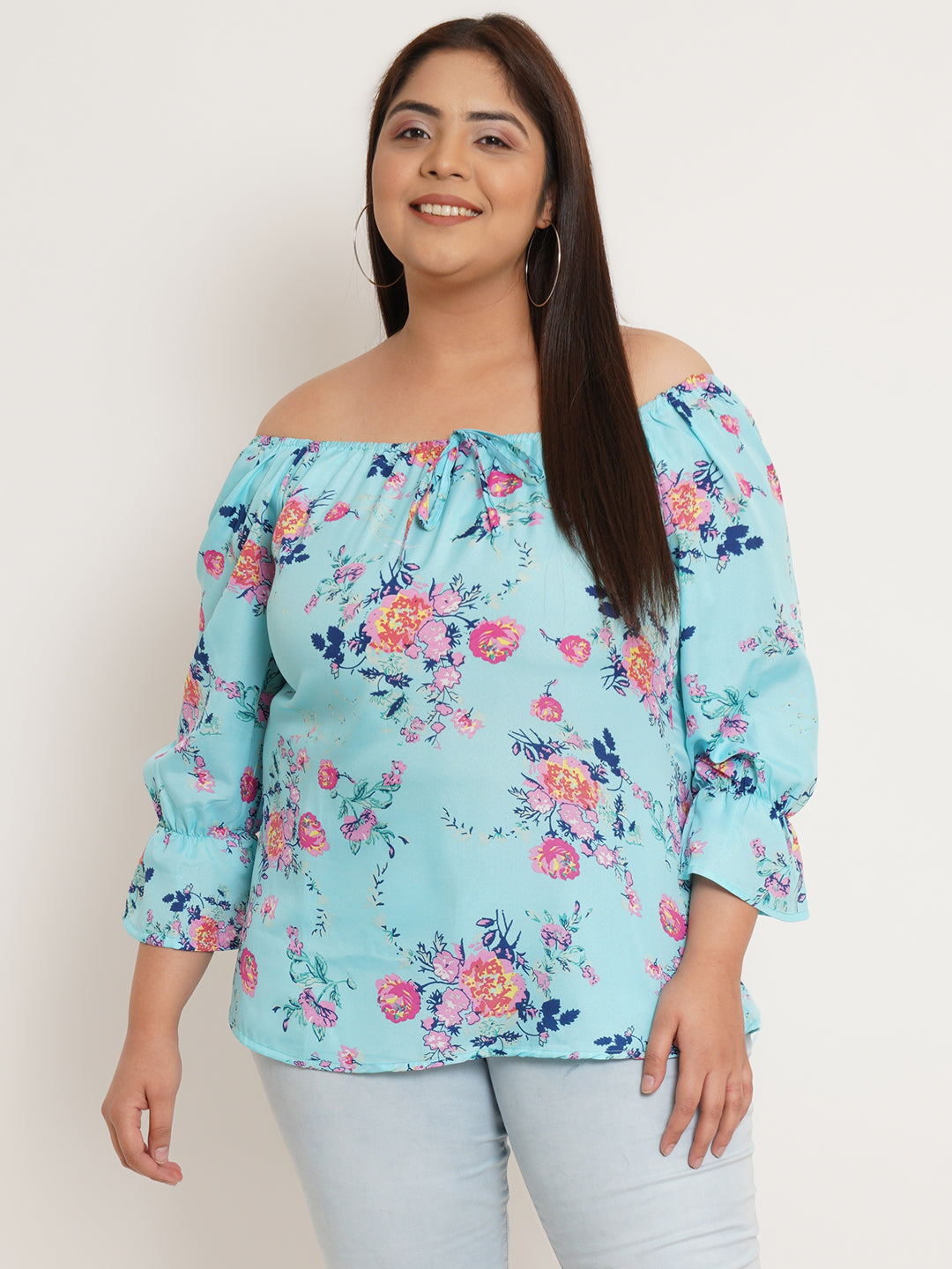 Women Plus Size Floral Printed Tie-Up Neck Crepe Top