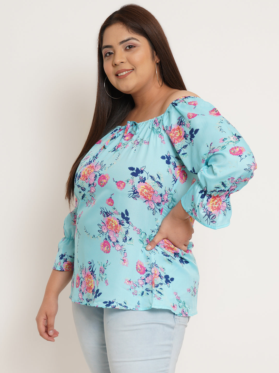 Women Plus Size Floral Printed Tie-Up Neck Crepe Top
