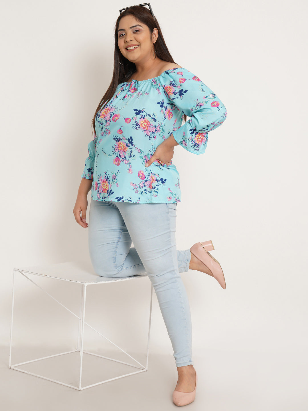 Women Plus Size Floral Printed Tie-Up Neck Crepe Top