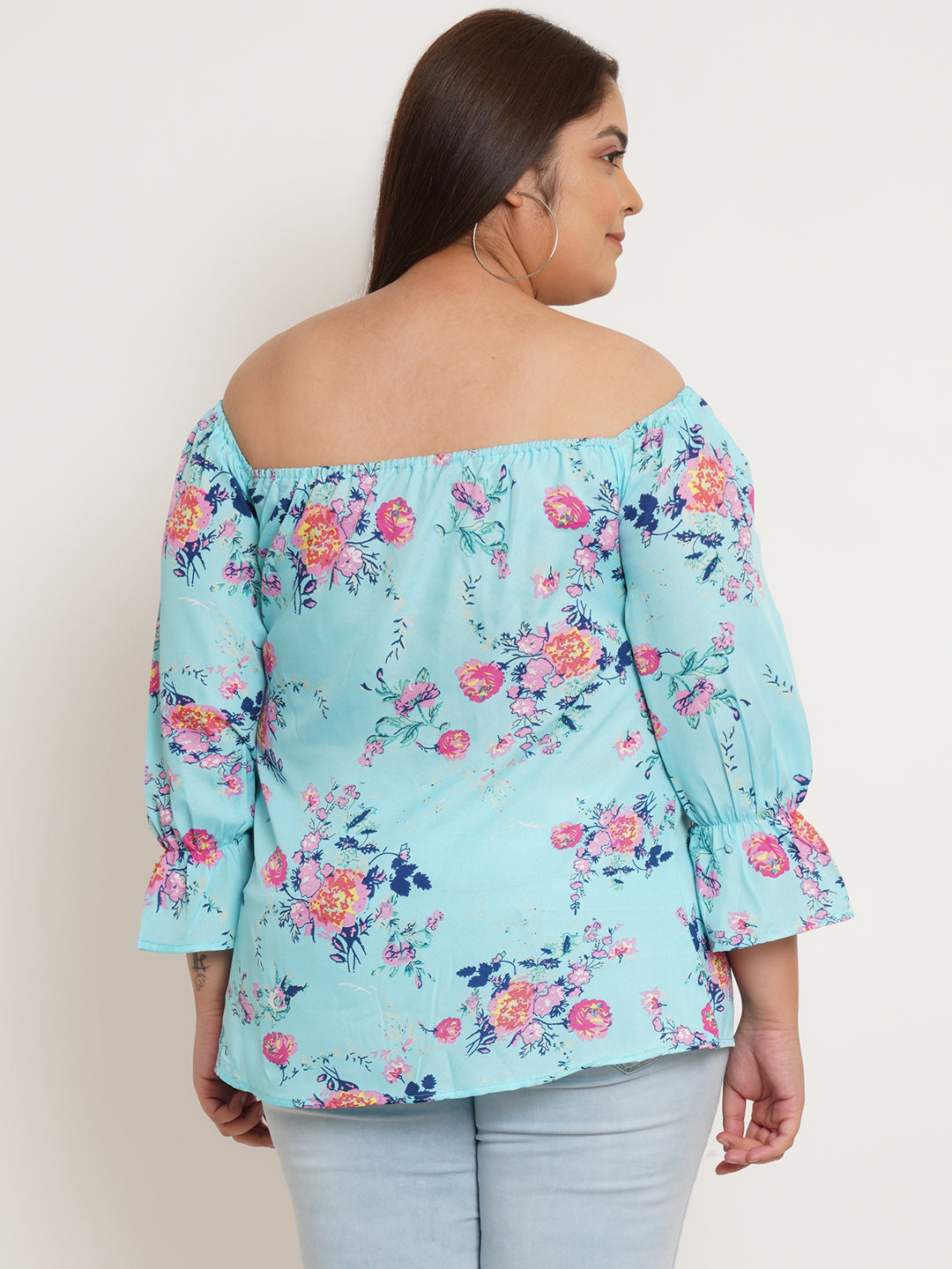 Women Plus Size Floral Printed Tie-Up Neck Crepe Top