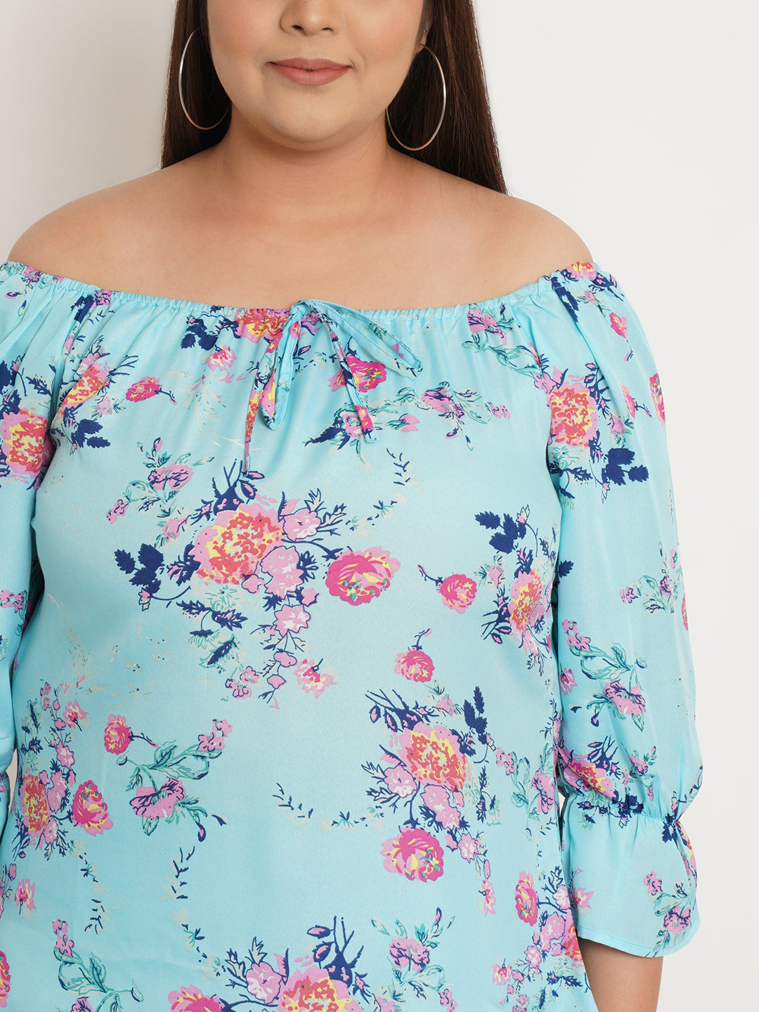 Women Plus Size Floral Printed Tie-Up Neck Crepe Top