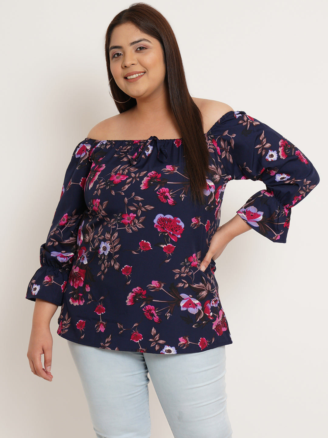 Women Plus Size Floral Printed Tie-Up Neck Crepe Top