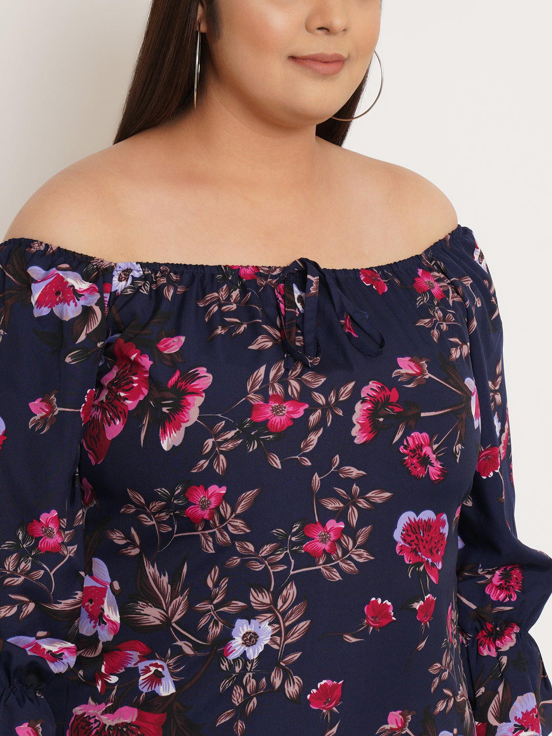 Women Plus Size Floral Printed Tie-Up Neck Crepe Top