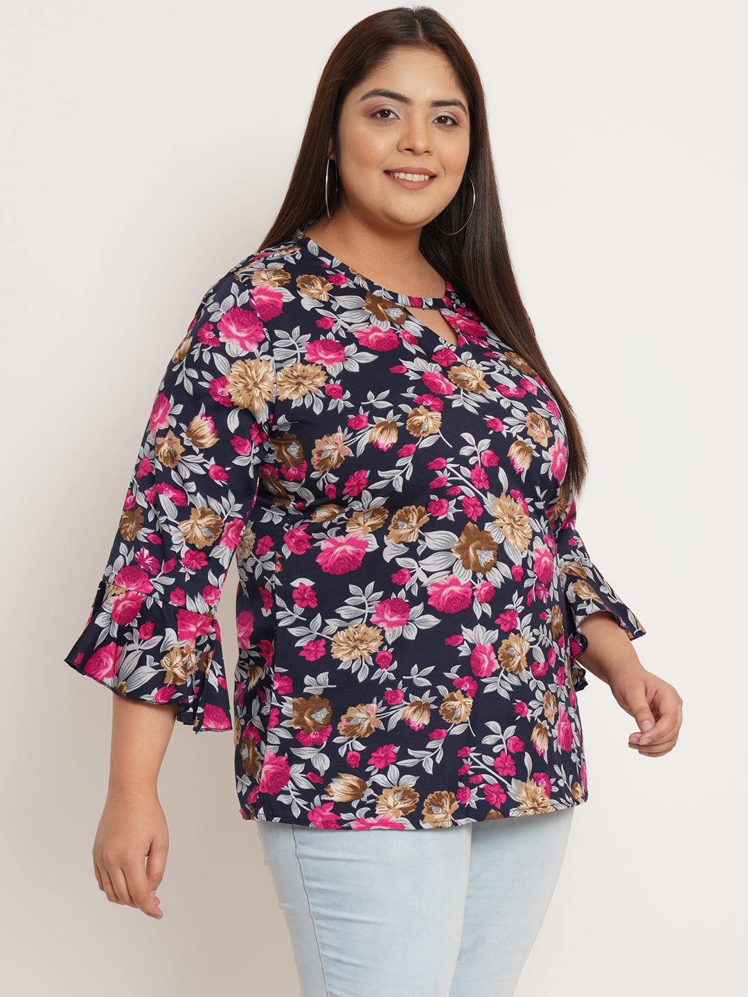 U&F Beyond Women Plus Size Floral Printed Bell Sleeve Crepe Top