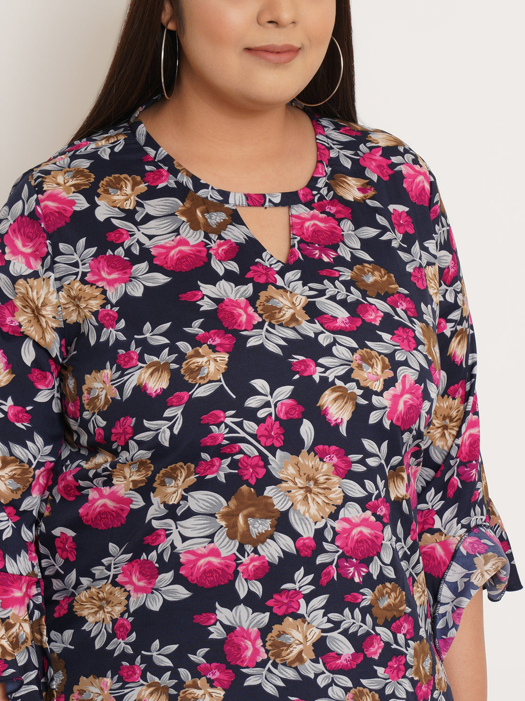 U&F Beyond Women Plus Size Floral Printed Bell Sleeve Crepe Top