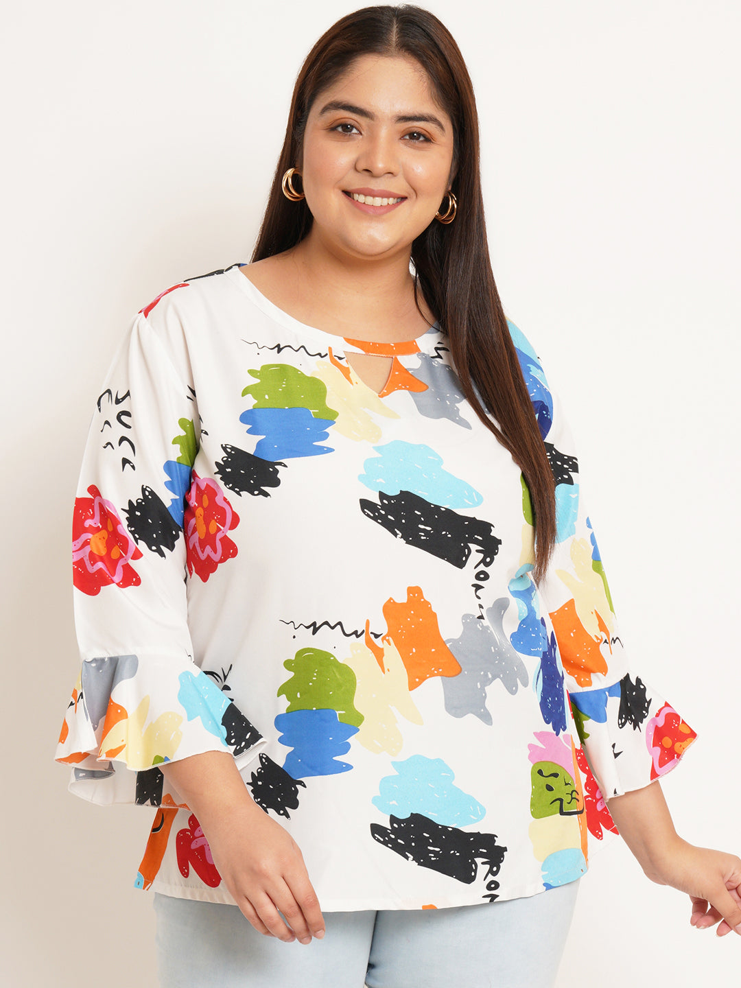 Women Plus Size Abstract Printed Bell Sleeve Crepe Top