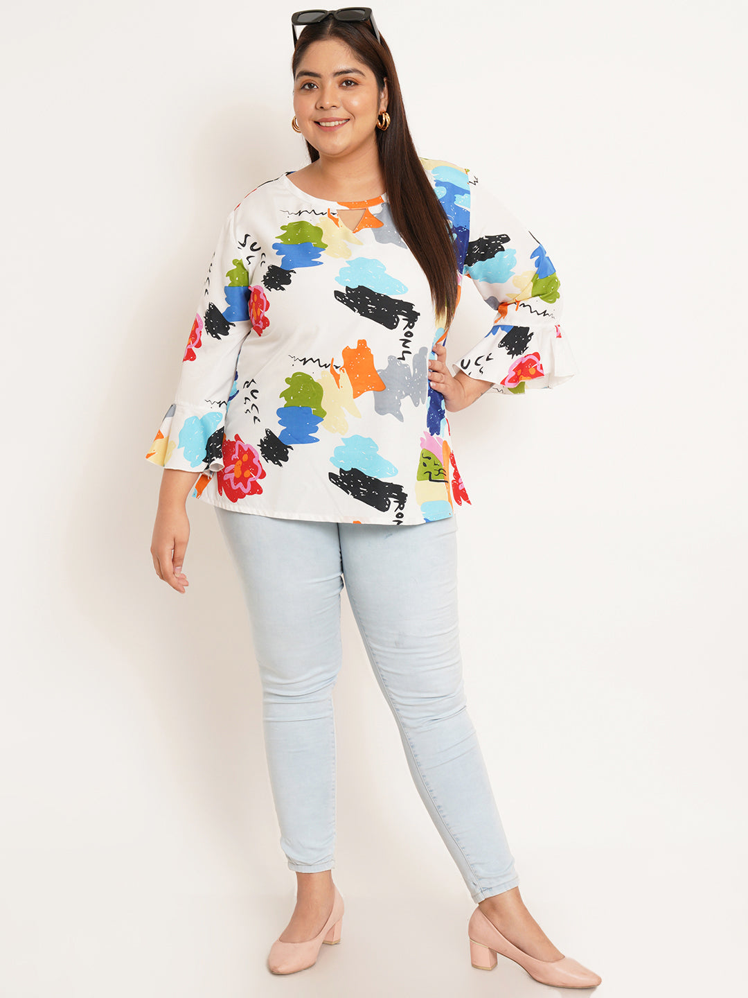Women Plus Size Abstract Printed Bell Sleeve Crepe Top