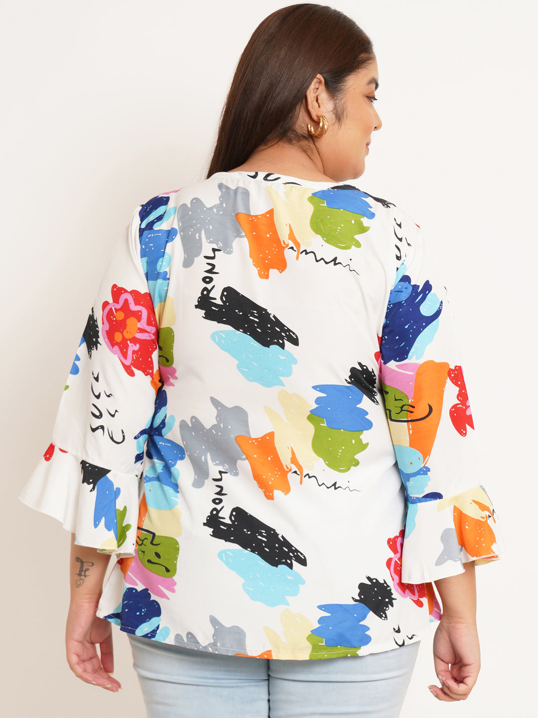 Women Plus Size Abstract Printed Bell Sleeve Crepe Top