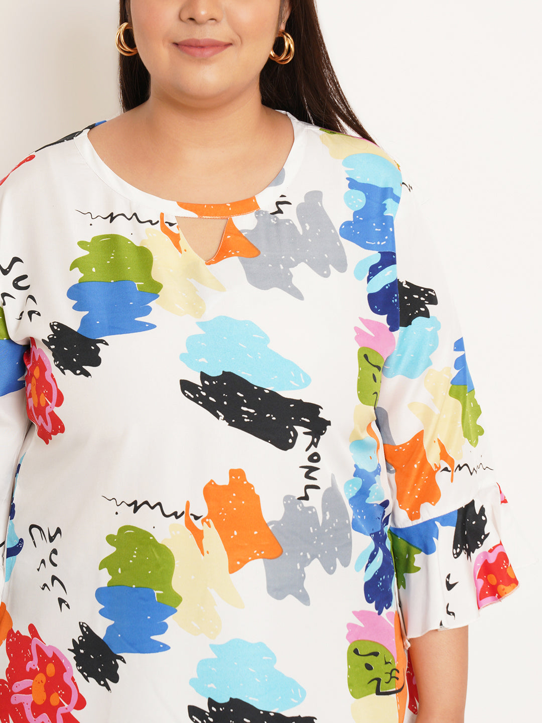 Women Plus Size Abstract Printed Bell Sleeve Crepe Top