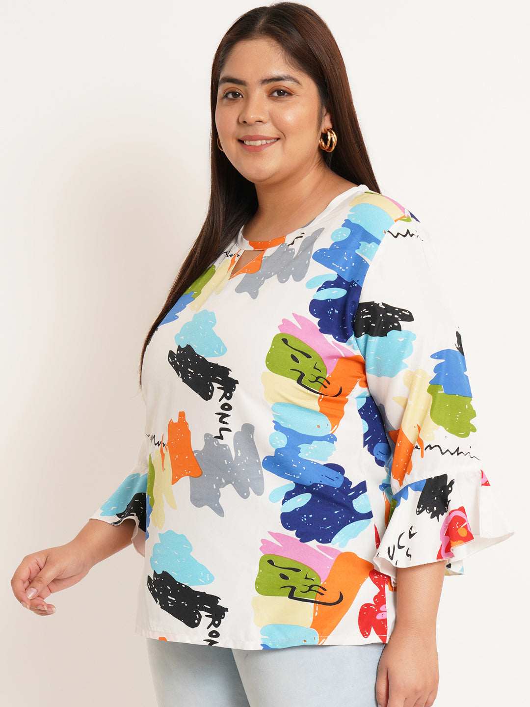 Women Plus Size Abstract Printed Bell Sleeve Crepe Top