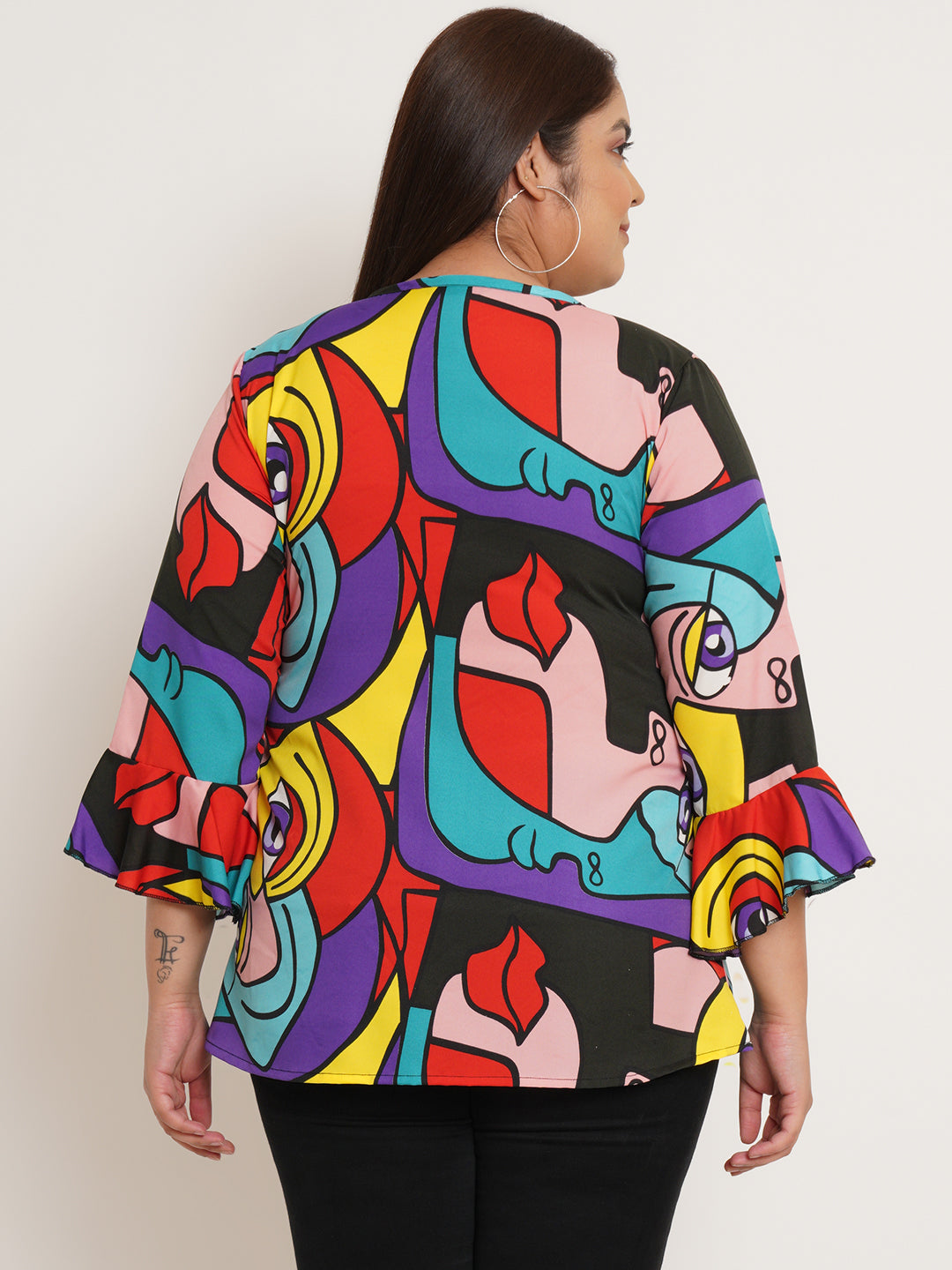 Women Plus Size Graphic Printed Bell Sleeve Crepe Top